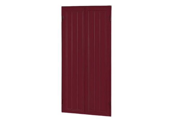 Pannello verticale in legno rosso-bordeaux con strette scanalature.