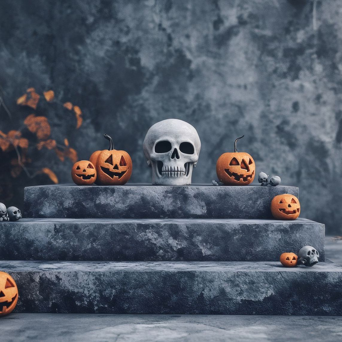 A skull and pumpkins are sitting on a set of concrete stairs.