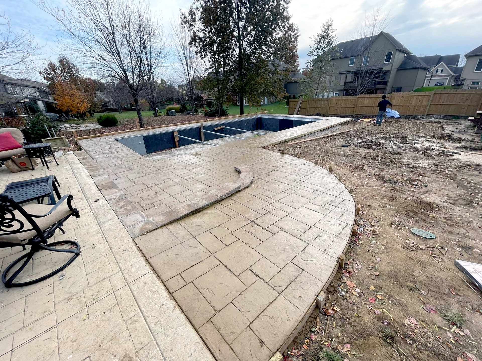 Beautiful stamped concrete surrounding a backyard pool