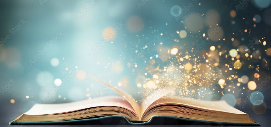 A close up of an open book with lights coming out of it.