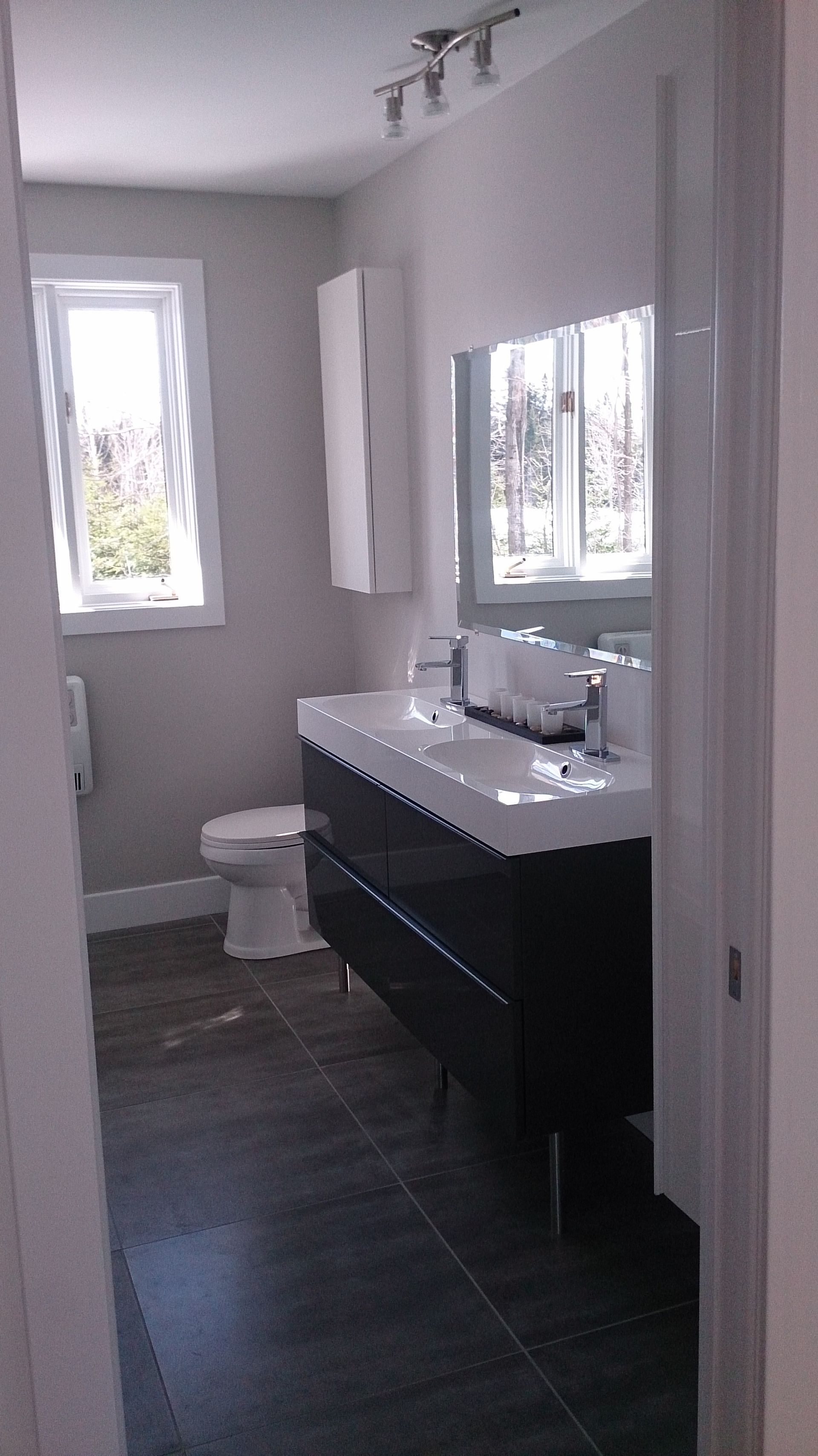 Une salle de bain avec deux lavabos, un WC et un miroir.