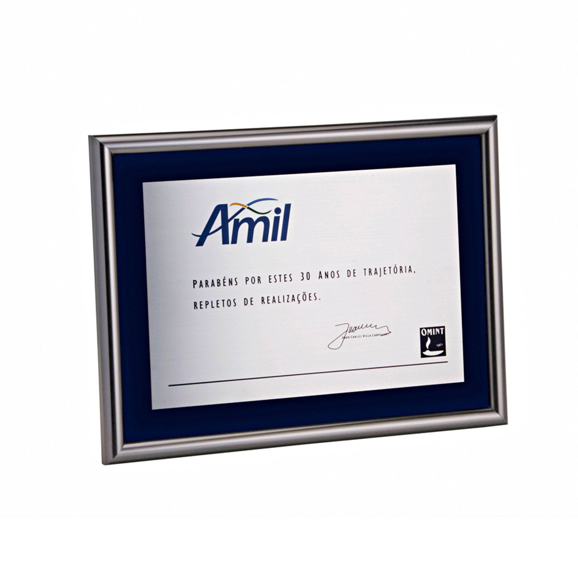 Placa com moldura de alumínio e paspatur de veludo