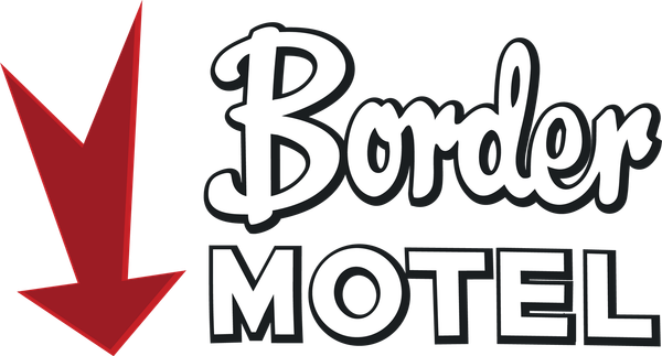 Border Motel sign with red downward arrow and black lettering