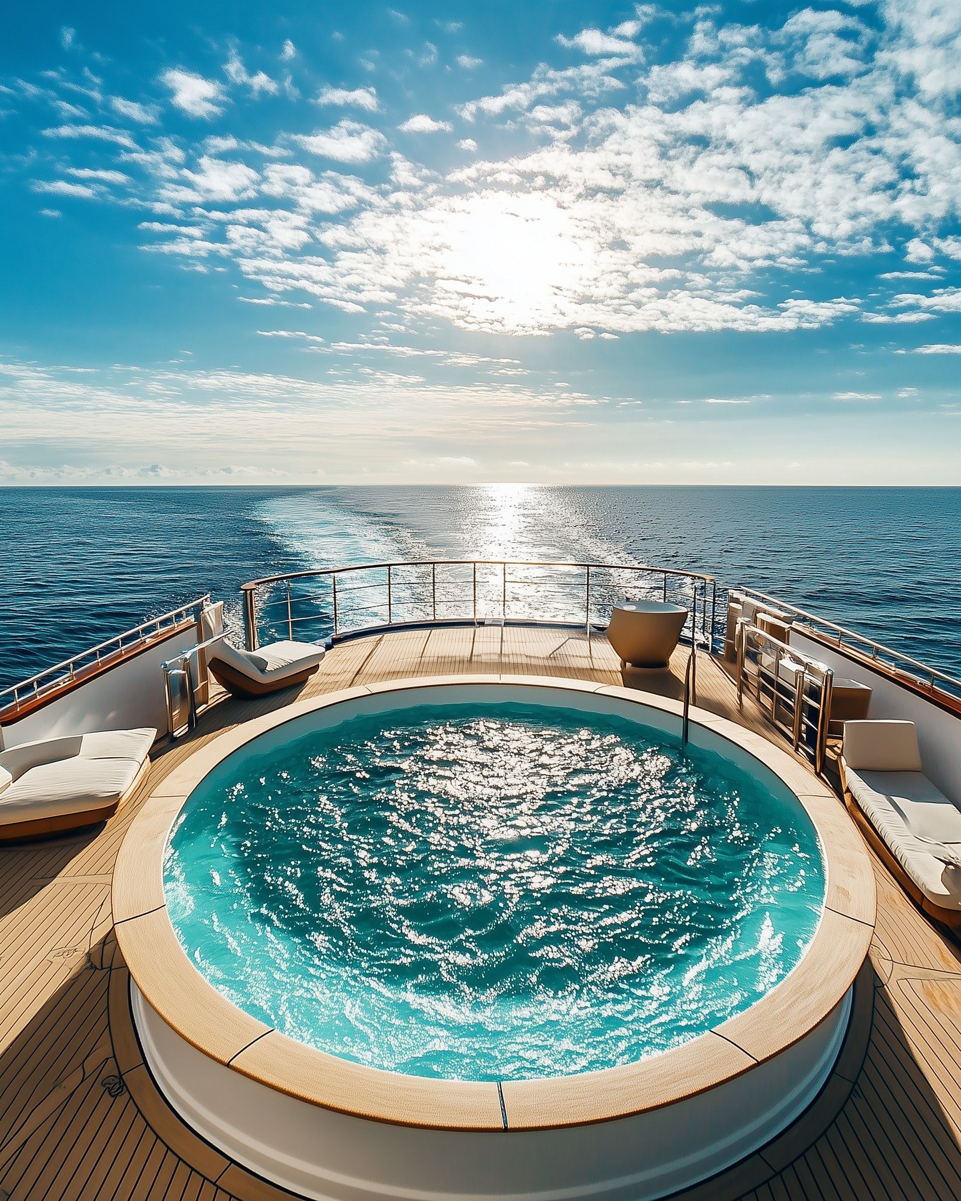 A luxury cruise ship deck featuring a pool with a breathtaking ocean view.