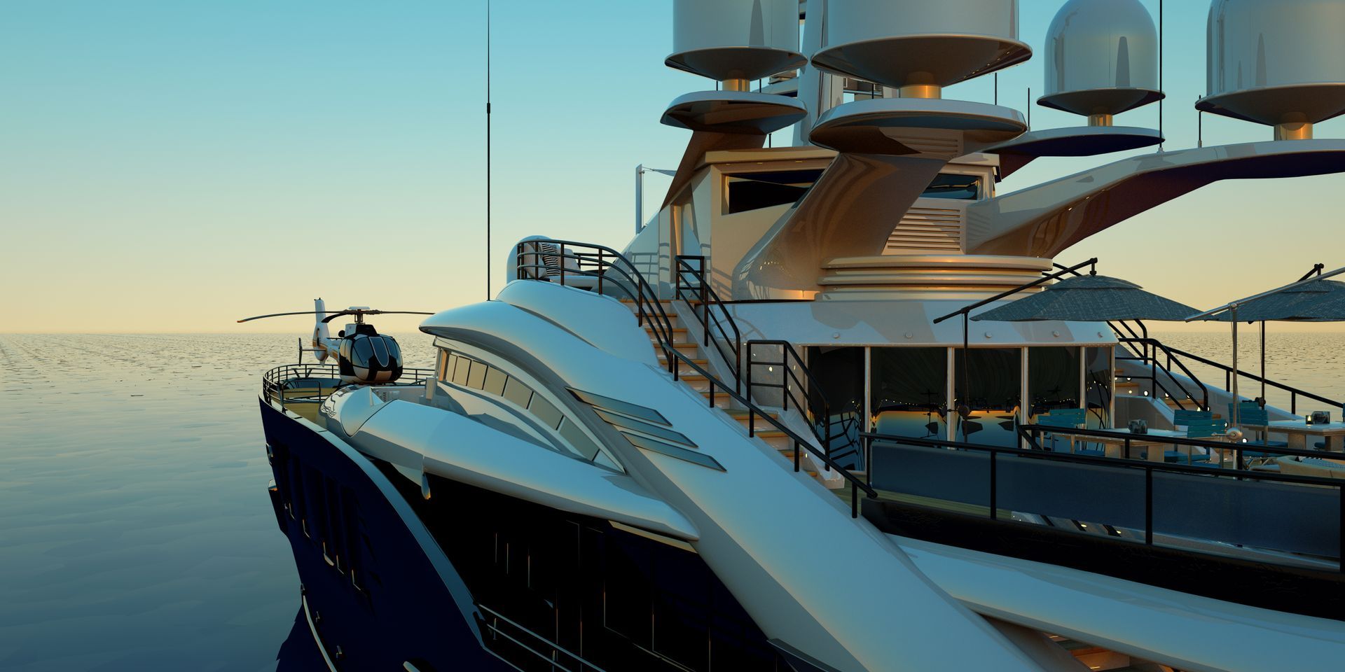 Private helicopter on a luxury cruise yacht deck at sunset, perfect for luxury cruises.