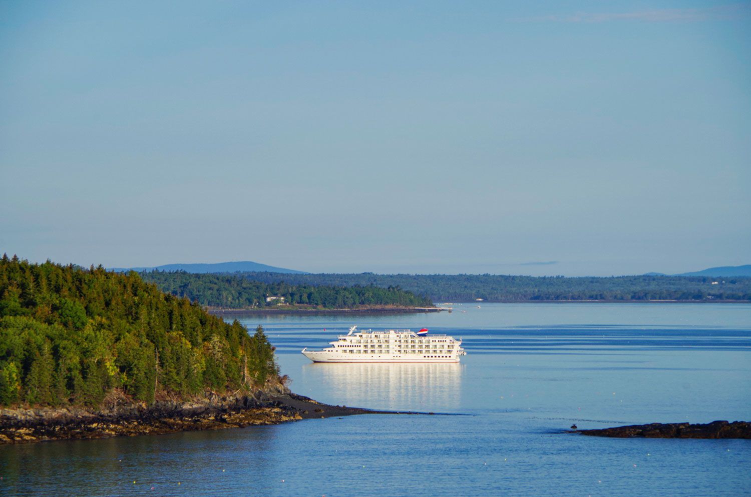 A white cruise ship sails across a calm, blue bay near a forested coastline under a clear sky.