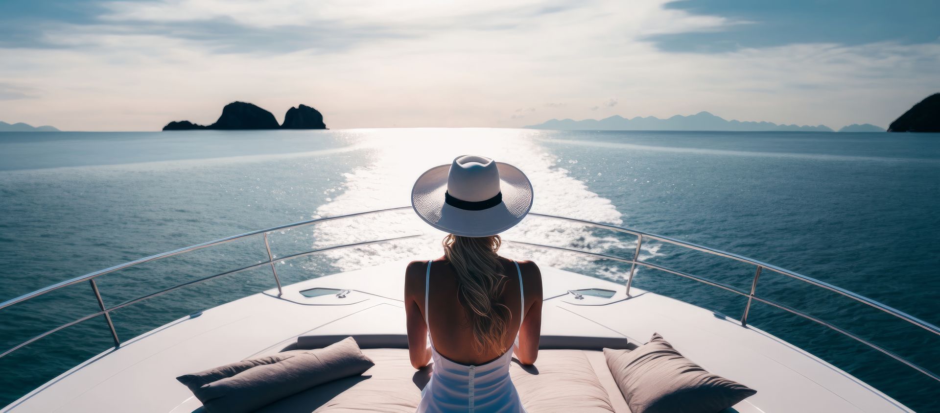 Woman in white hat enjoying ocean views on the bow of luxury cruises during a tropical escape.