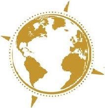 A gold-colored globe framed by a dotted circular border with four compass-style points extending outwards. A gold-colored globe framed by a dotted circular border with four compass-style points extending outwards.