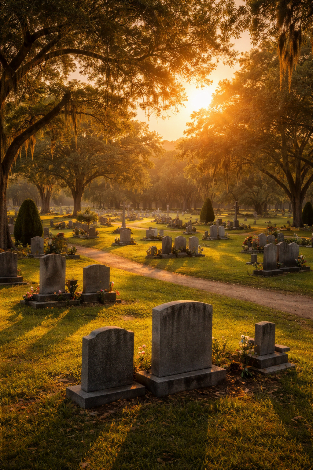 A wide view of a peaceful cemetery with trees and golden sunset light Ogden UT