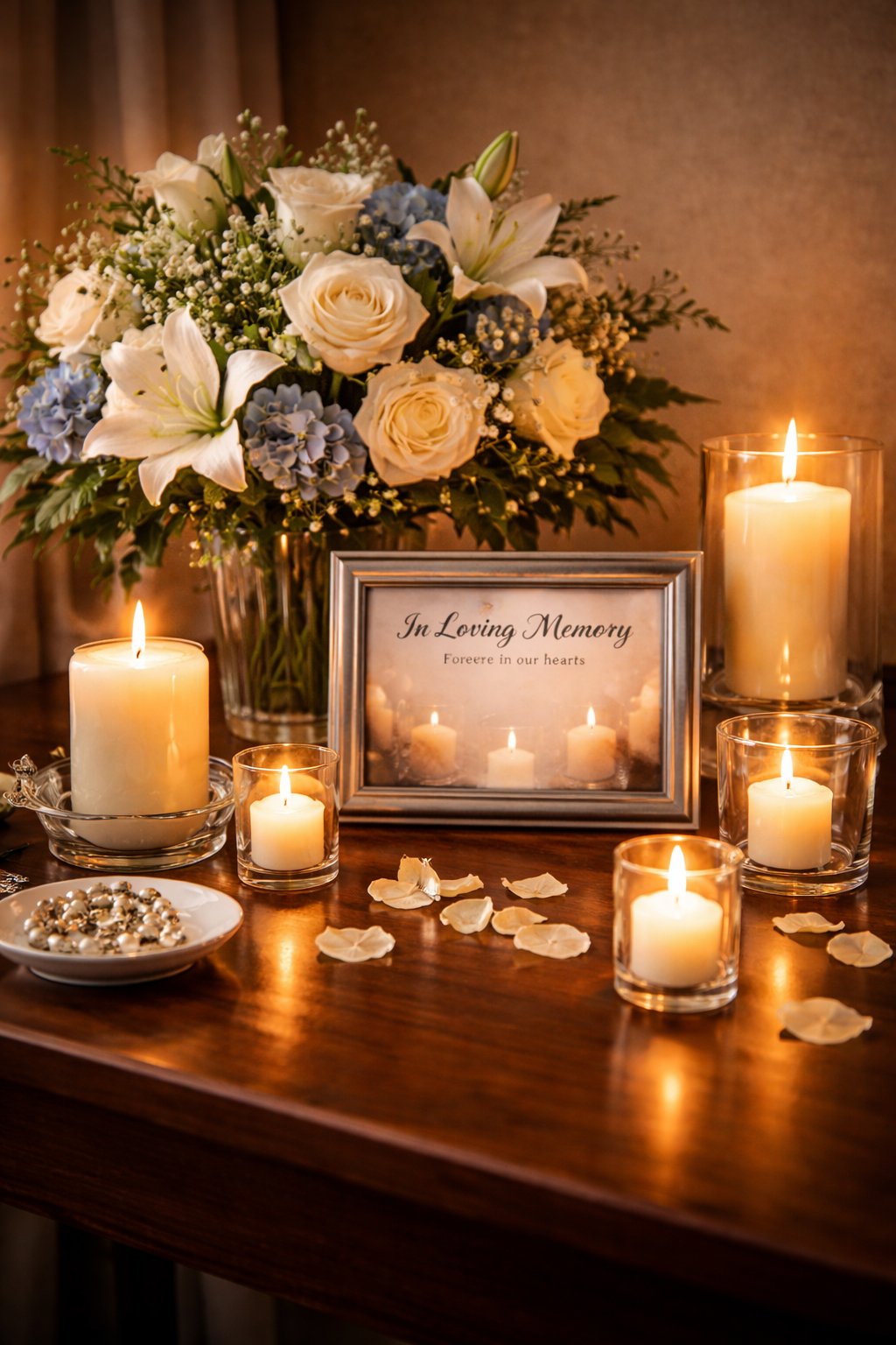 A wooden table with softly glowing candles, flowers, and a small memorial card in Ogden UT