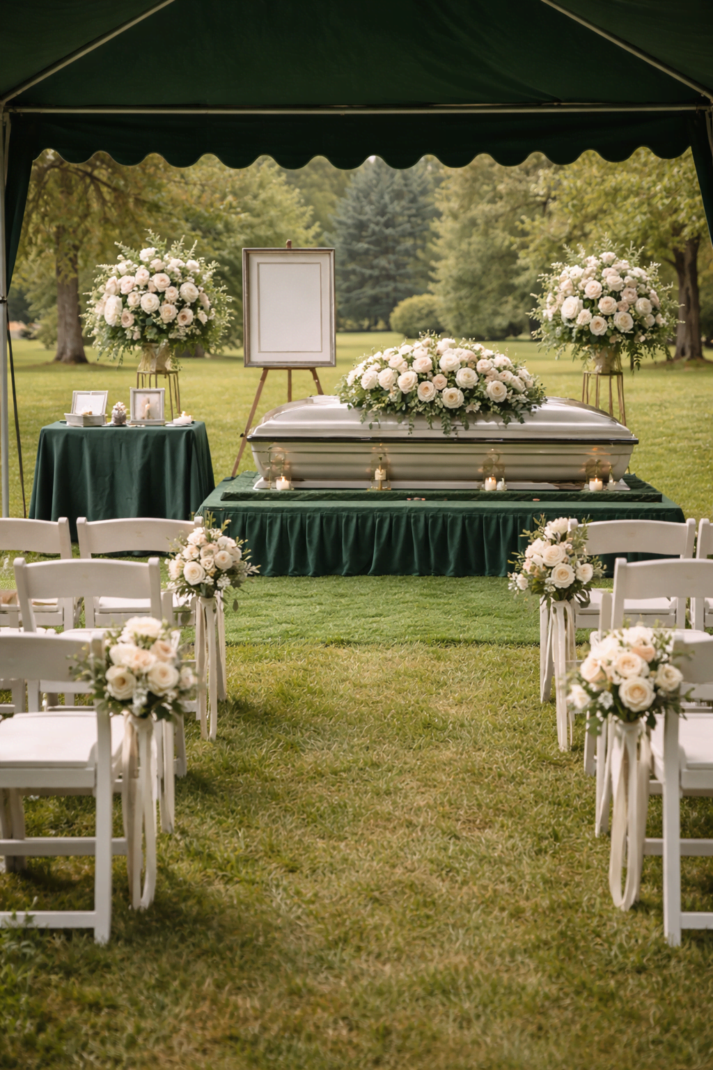 Peaceful graveside setup with floral arrangements in Kaysville UT