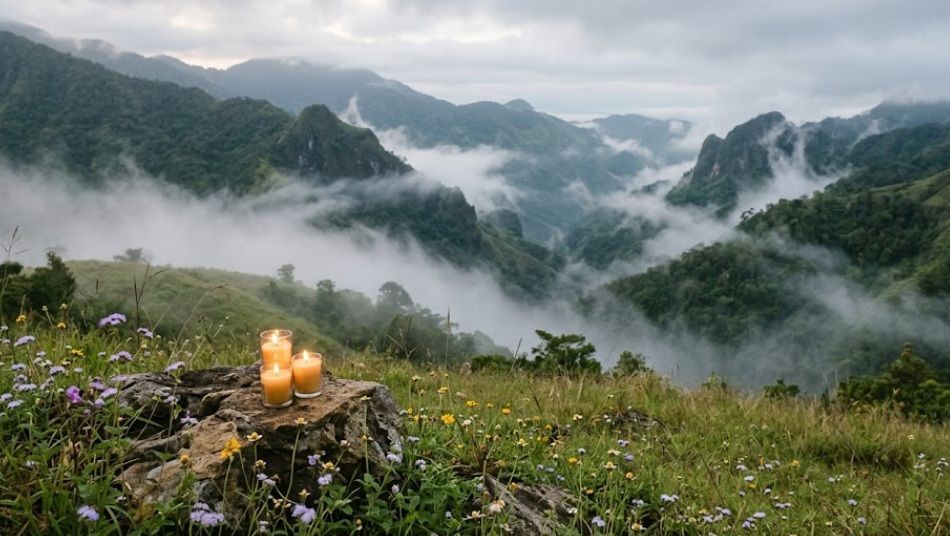 Memorial candles overlooking misty mountains and valley, cremation services in Layton UT