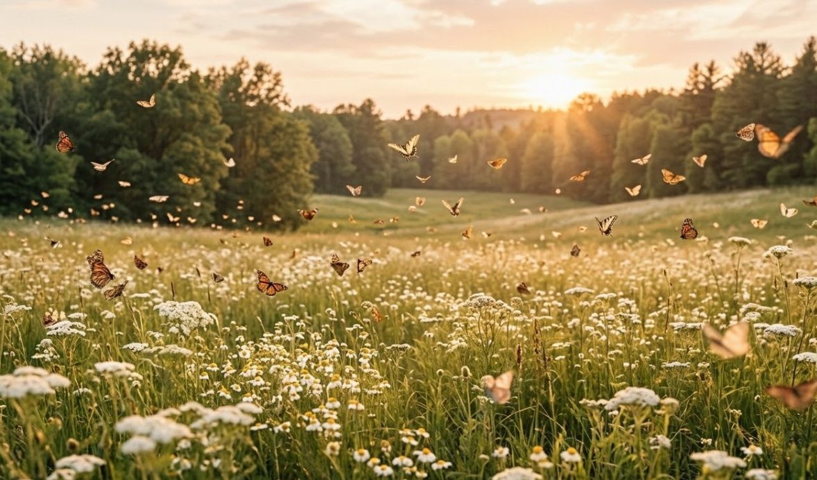 Butterflies over wildflower meadow at sunset, cremation services in Ogden, UT