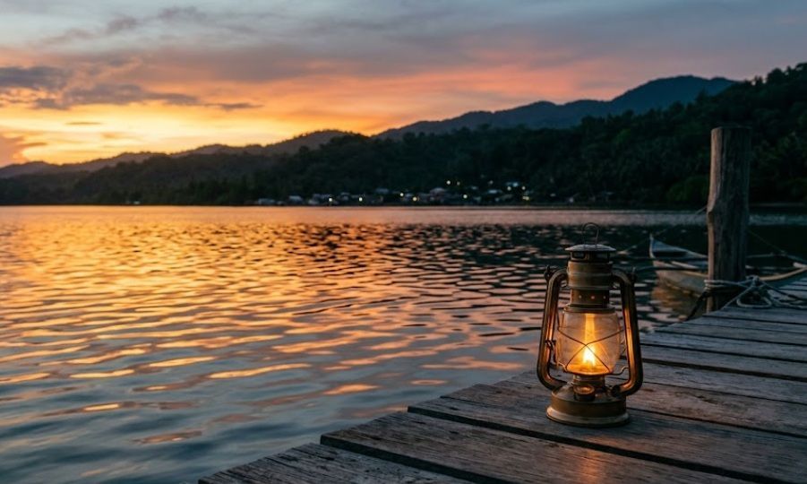Lantern glowing on wooden dock at sunset by calm lake, funeral homes in Kaysville UT