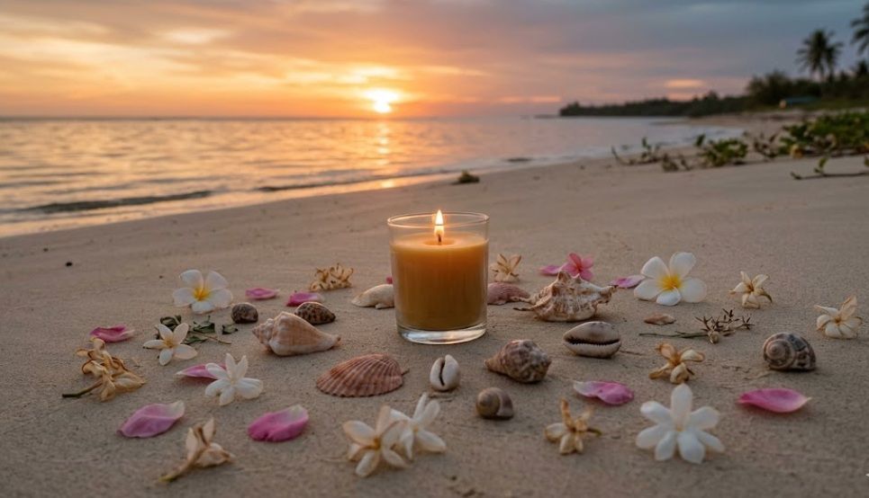 Candle and flowers arranged on sandy beach at sunset, funeral homes in Layton UT