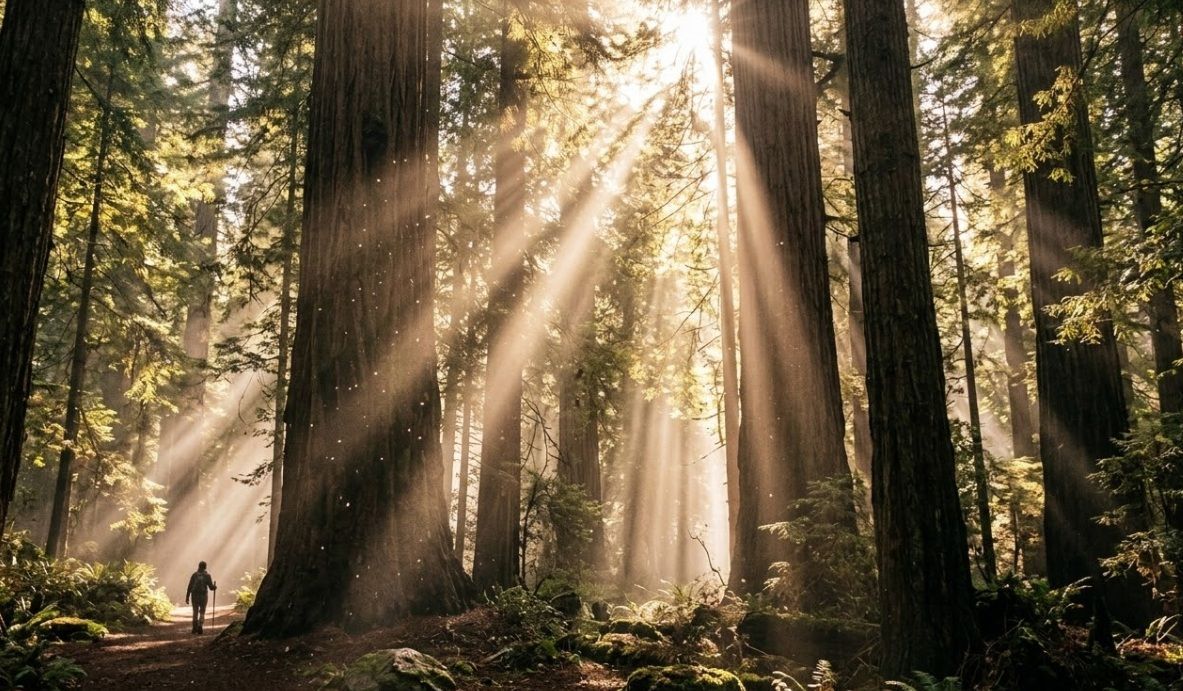 Sunlight streaming through tall forest trees with person walking, funeral homes in Ogden, UT
