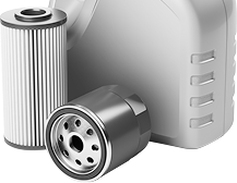 Oil filter and oil bottle. Cylinder oil filter and canister oil filter next to an oil container. | AAA Full Service Auto Care