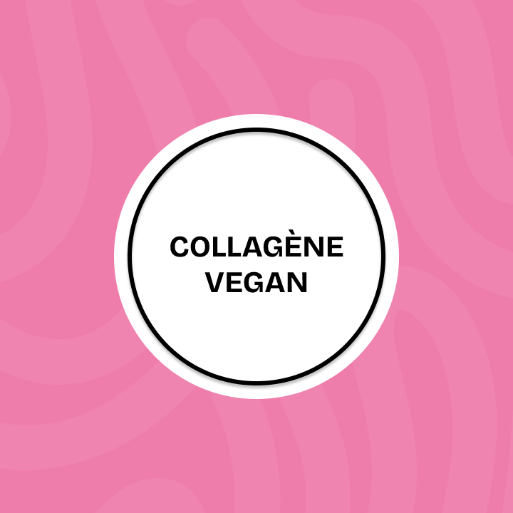 A circular white badge with the black inscription "VEGAN COLLAGEN" centered on a wavy pink background.