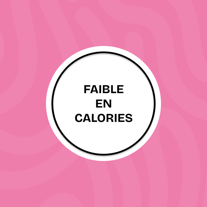 A white circular badge on a pink wavy background with the black text "LOW CALORIE".