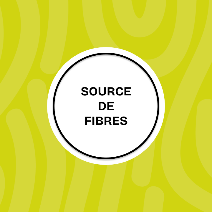 Un cercle blanc sur fond vert citron avec le texte &laquo; SOURCE DE FIBRES &raquo; &eacute;crit en lettres capitales noires.