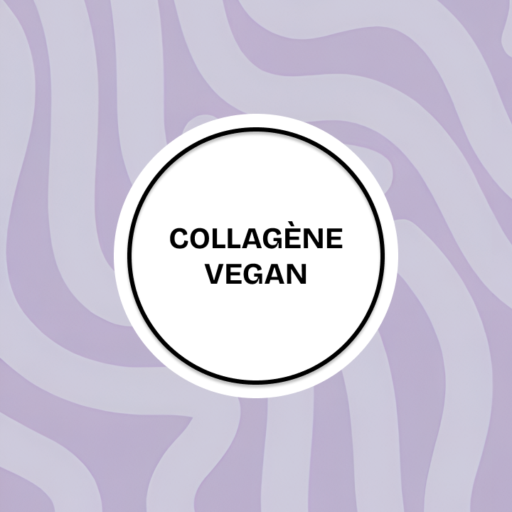 A white circular label with the black text "VEGAN COLLAGEN" centered on a light purple wavy background.