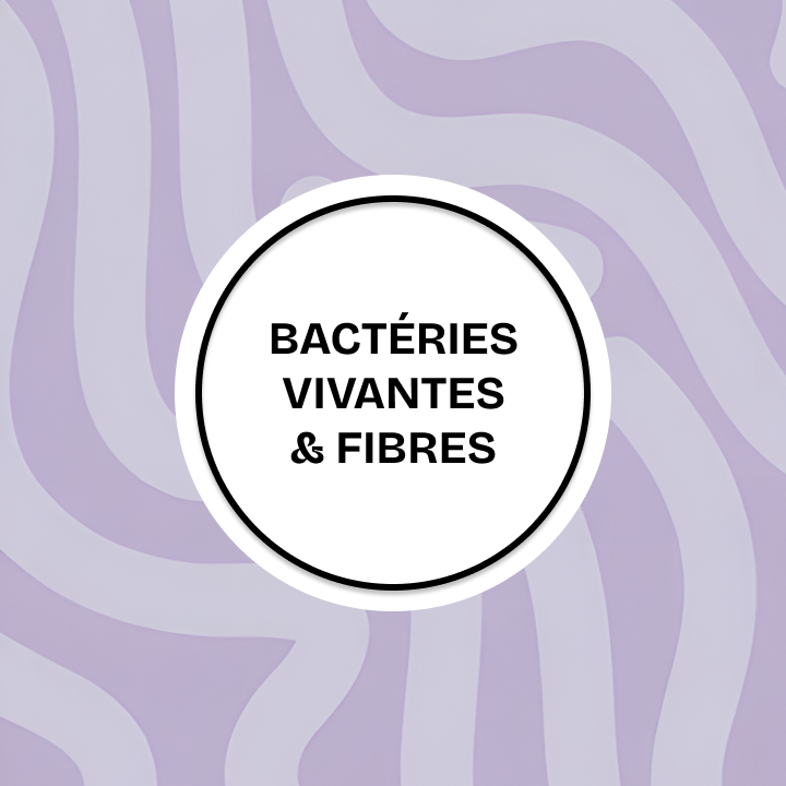 A circular white badge on a light purple wavy background, with the text "LIVE BACTERIA & FIBERS".