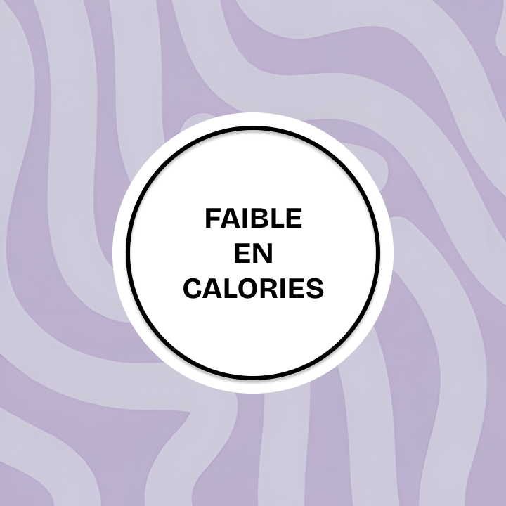 A white circle with the French text "LOW IN CALORIES" centered on a background of light purple wavy lines.
