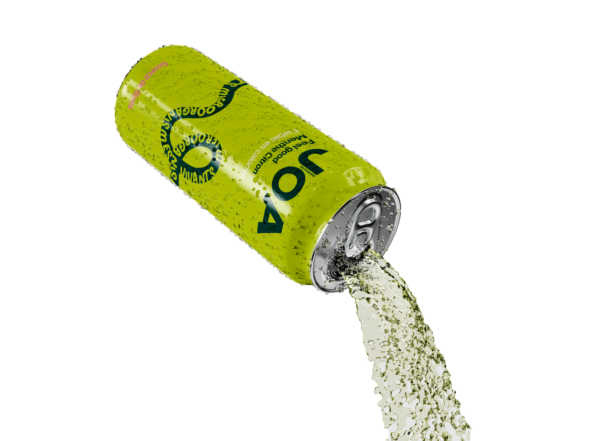 Une canette JOA Menthe Citron versant son soda.