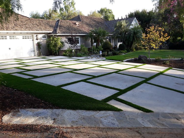 driveway with artificial turf and pavers in Hacienda Heights