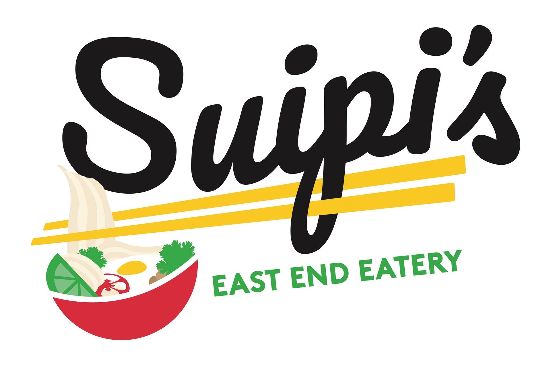 Logo for Suipi's East End Eatery: black text, yellow chopsticks, and bowl of food with lime and cilantro.