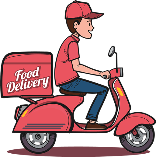 Food delivery rider on a red scooter with a delivery box, side view