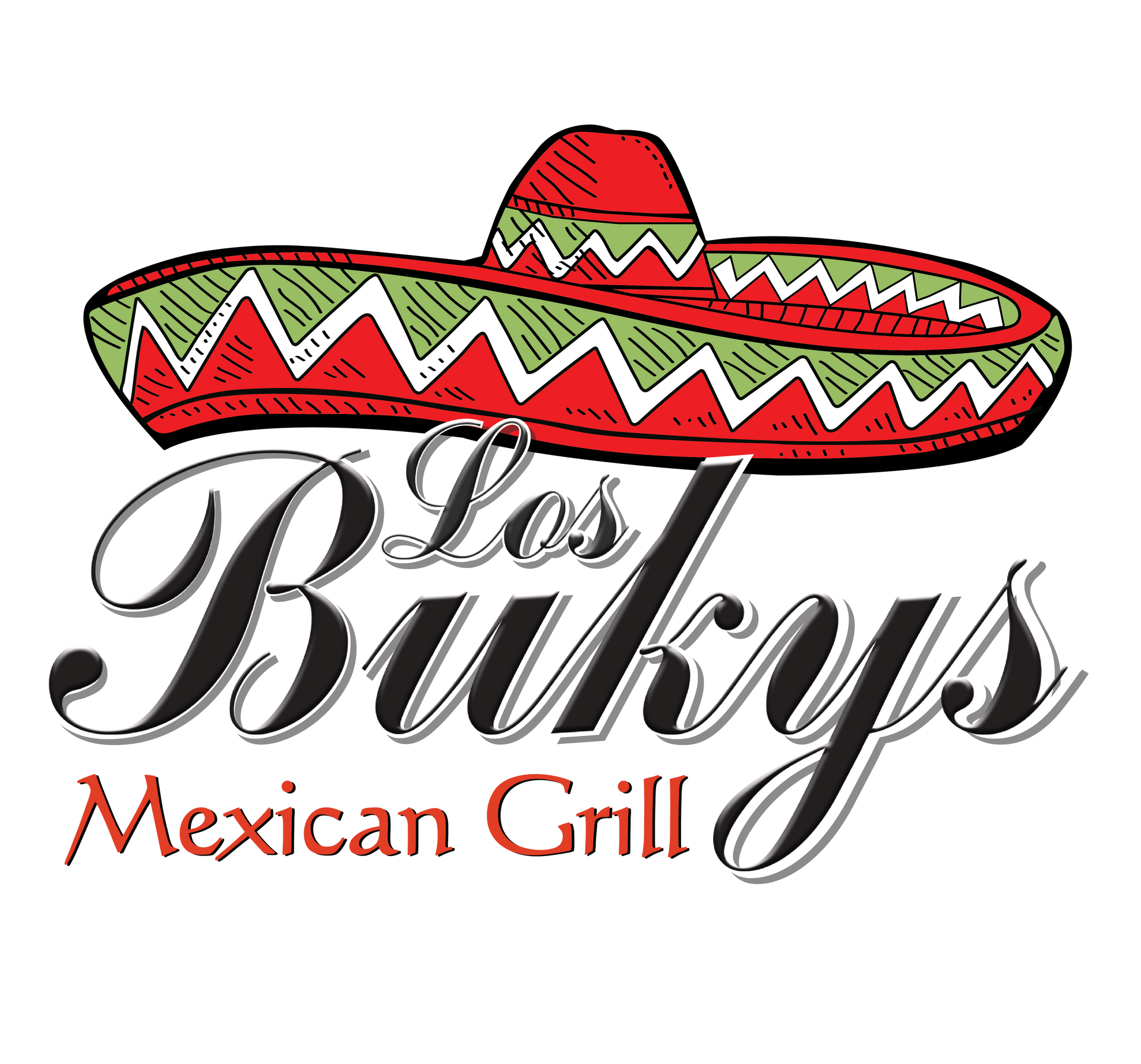 Los Bukys Mexican Grill logo with a red-and-green sombrero above stylized black and orange text