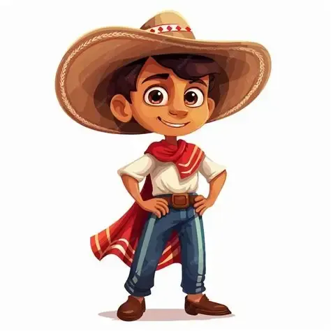 Cartoon child in a sombrero, red neckerchief, and jeans, standing with hands on hips and smiling.