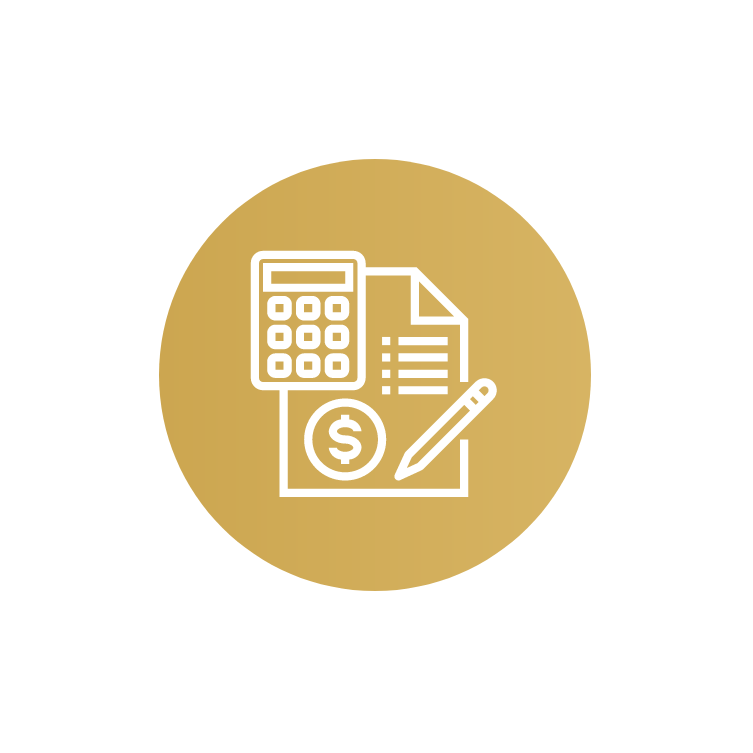 an icon of a calculator , a dollar sign , a pen and a sheet of paper .