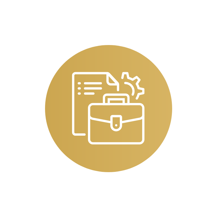 an icon of a briefcase , a piece of paper , and a gear .