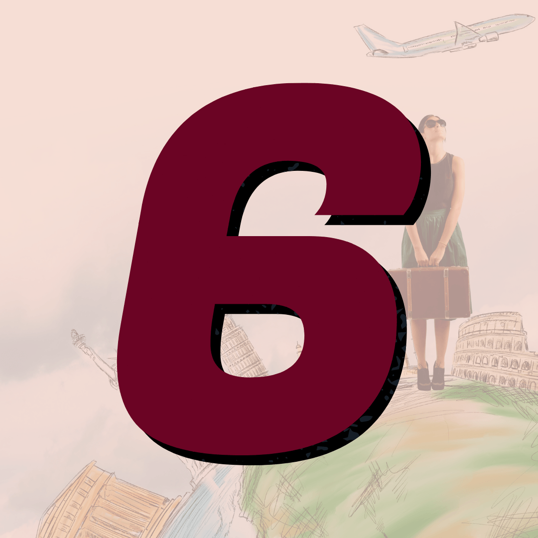 Uma mulher segurando uma mala na frente do número 6