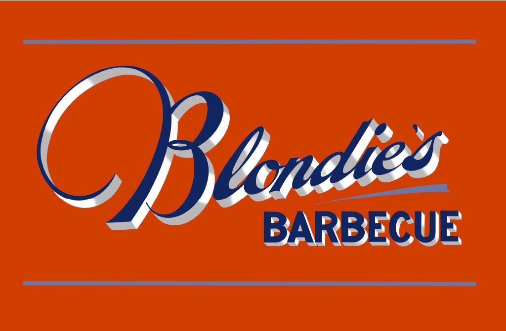 Blondie’s Barbecue logo in white and blue on an orange background with thin blue lines