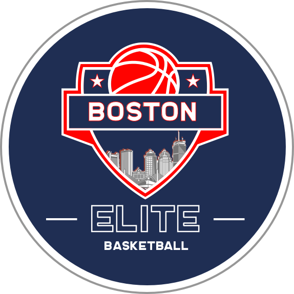 Boston Elite Basketball logo with navy circle, red hoop emblem, and city skyline