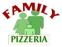 Family Pizzeria logo with green family silhouettes and red curved text above the word PIZZERIA