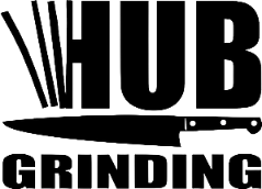 Black-and-white logo reading “HUB GRINDING” with stylized blade and bold text