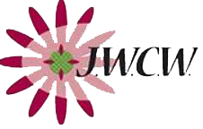 Pink and magenta flower logo with black “JWCW” text