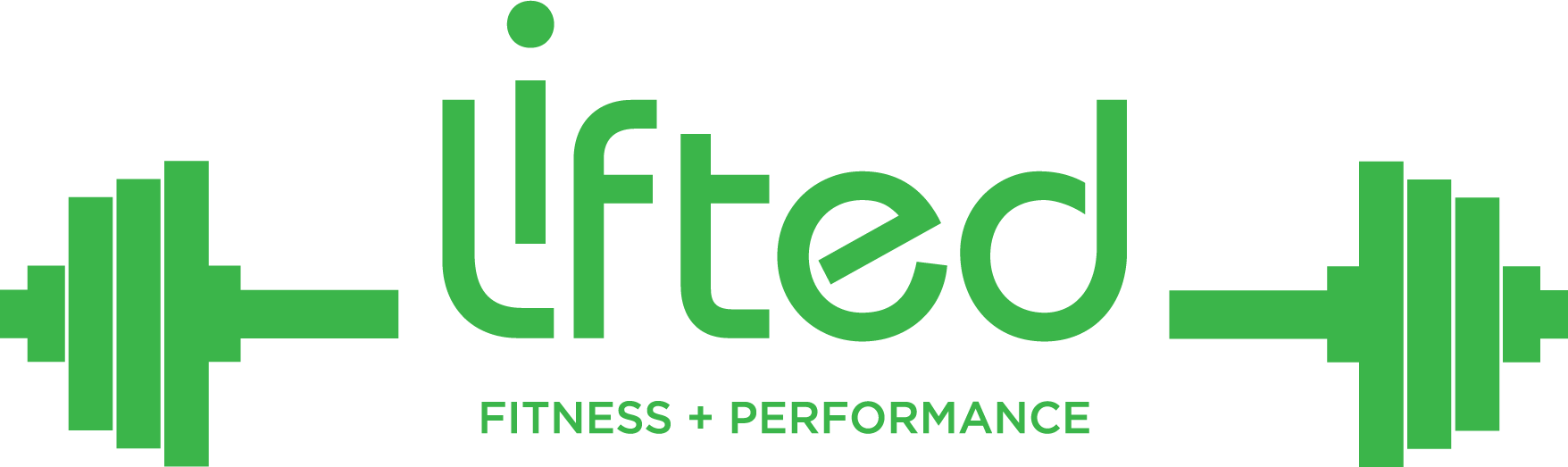 Green “lifted” fitness logo with barbell graphics and “fitness + performance” text