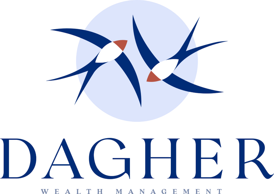 Dagher Wealth Management logo with blue and red bird-like abstract shapes over a pale blue circle
