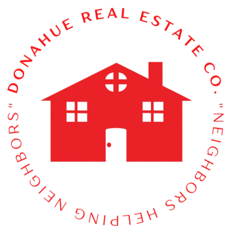Red house logo with circular text reading “Donahue Real Estate Co.” and “Neighbors Helping Neighbors”