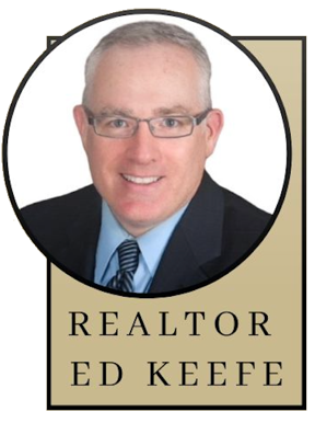 Realtor Ed Keefe logo with a smiling portrait in a circular frame and beige text panel