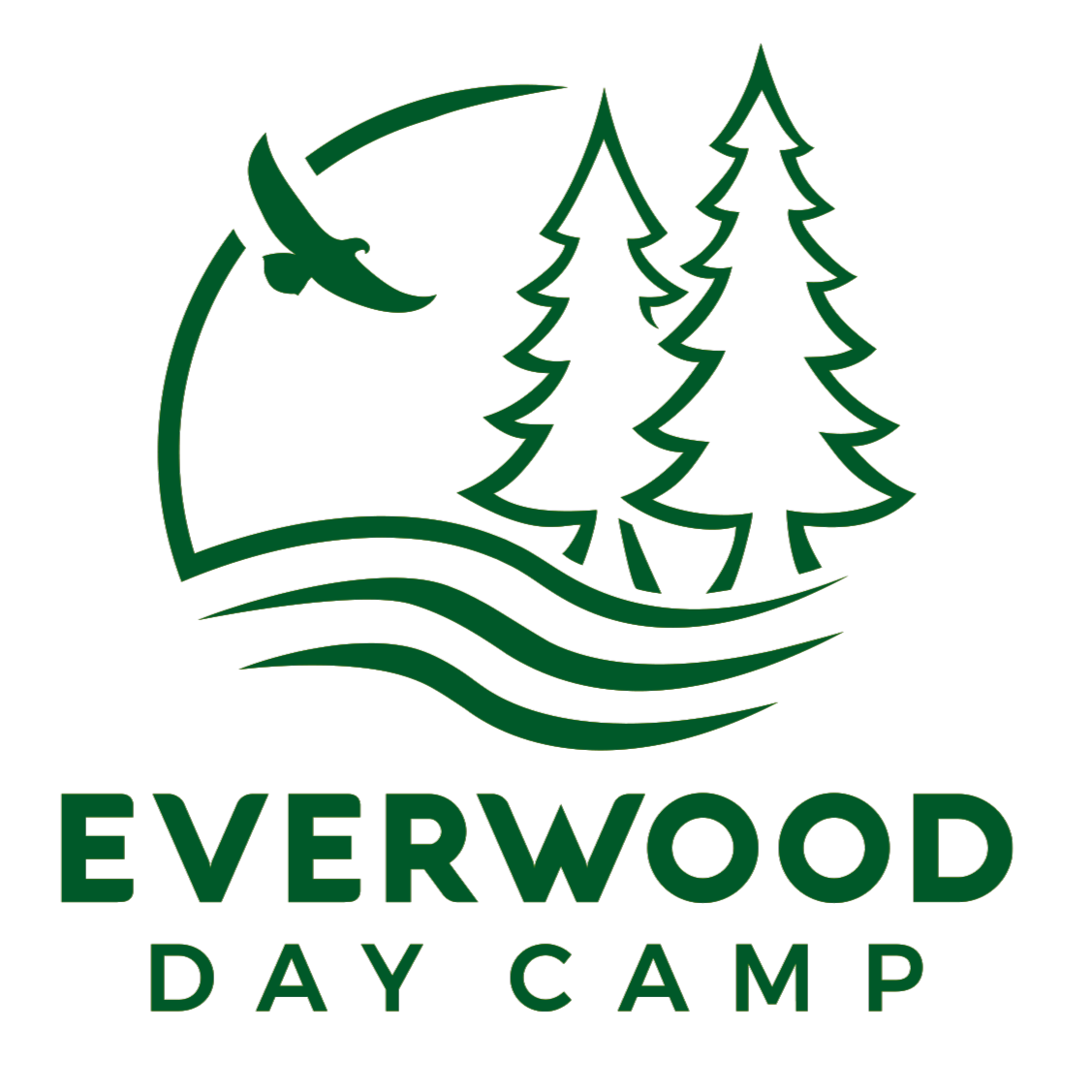Everwood Day Camp logo with green trees, bird, and wavy water lines