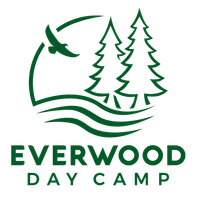 Everwood Day Camp logo with green pine trees, waves, and a bird icon on white background