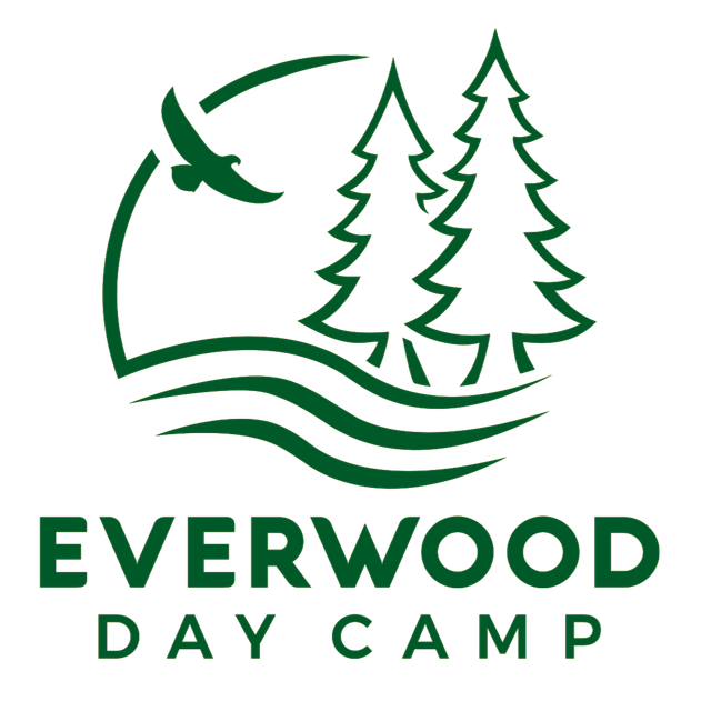 Everwood Day Camp logo with green trees, waves, and a bird above the text