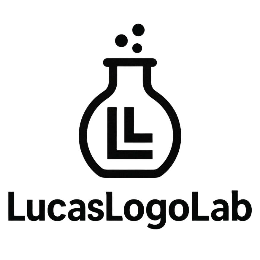 Black lab flask logo with bubbles and “LucasLogoLab” text