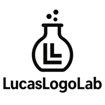 LucasLogoLab black logo with beaker and stylized LL lettering